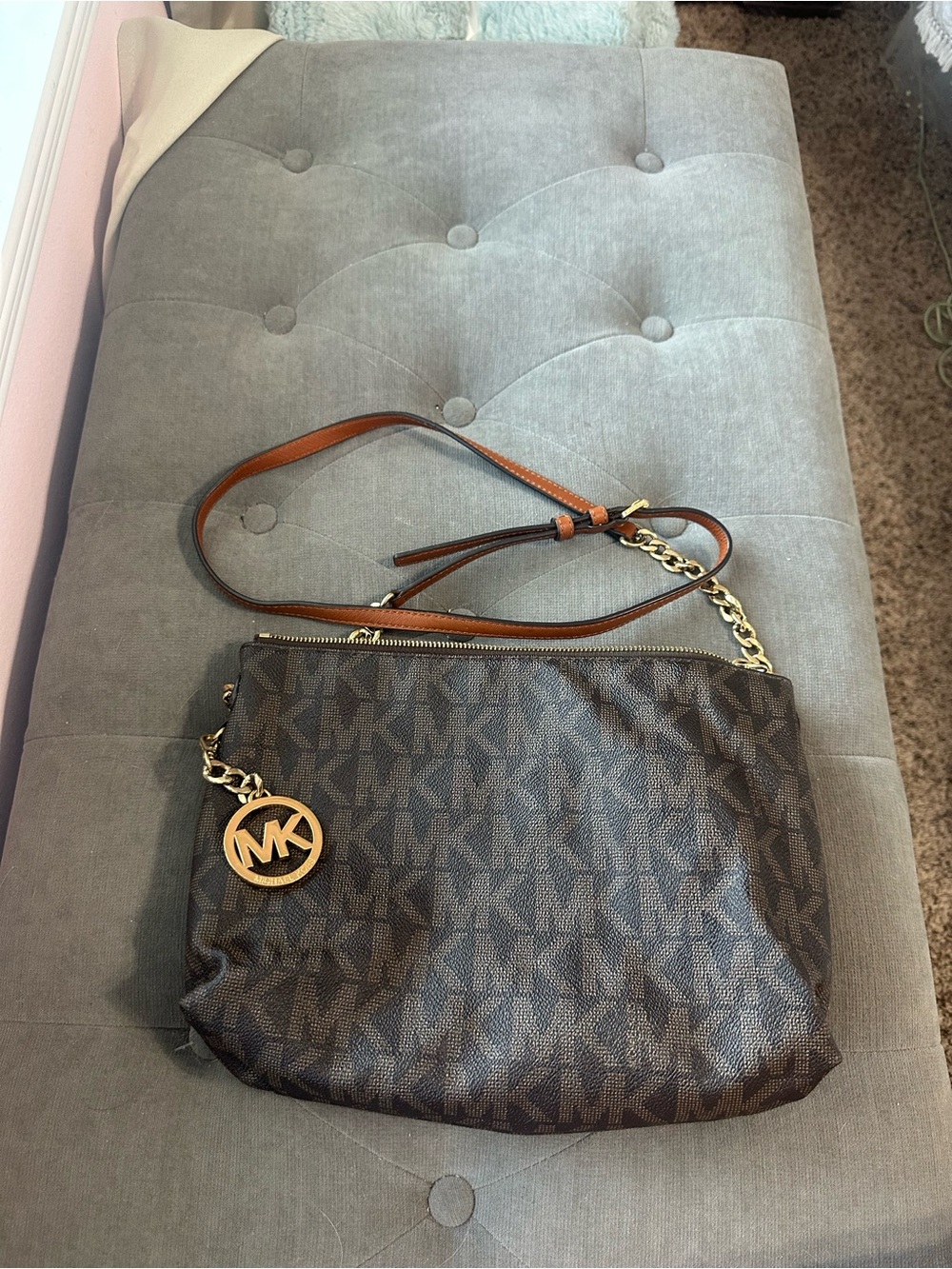 Michael Kors Brown Logo MK Chain-Trim Crossbody